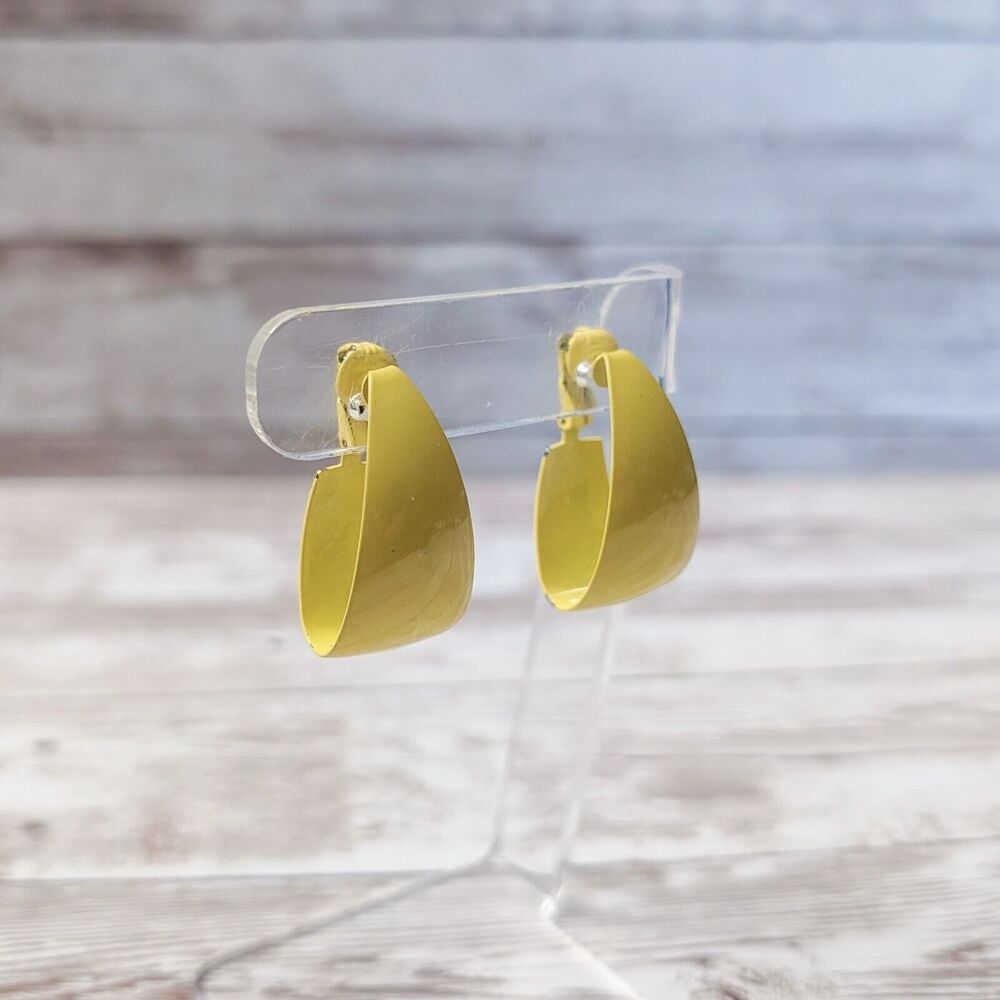 Vintage Clip On Earrings - Retro Yellow Elongated Hoops 1.25"